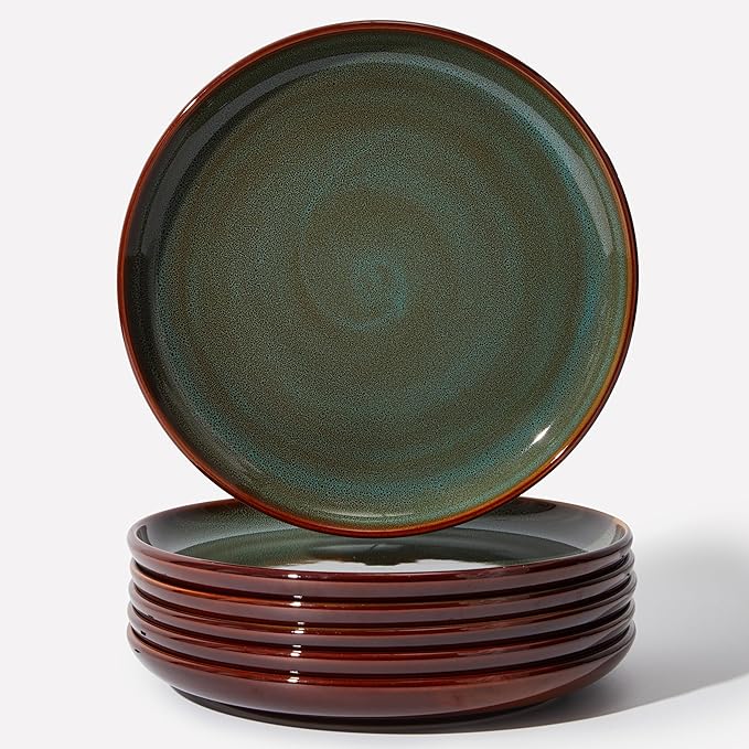 Pokini Stoneware Dinner Plates Set of 6, Ceramic Plates With Lipped Edges, Microwave/Dishwasher Safe, Modern Rustic Dinnerware, Kitchen Reactive Glaze Serving Dishes, Brown Green