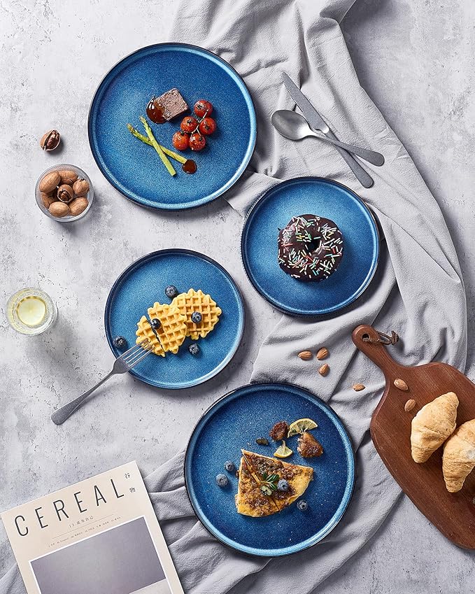 famiware Star Salad Plates for 6, 8 inches Plate Set, Stoneware Dinnerware, Small Dinner Plates for Dessert, Salad, Appetizer, Nebulas Blue (Pack of 2)