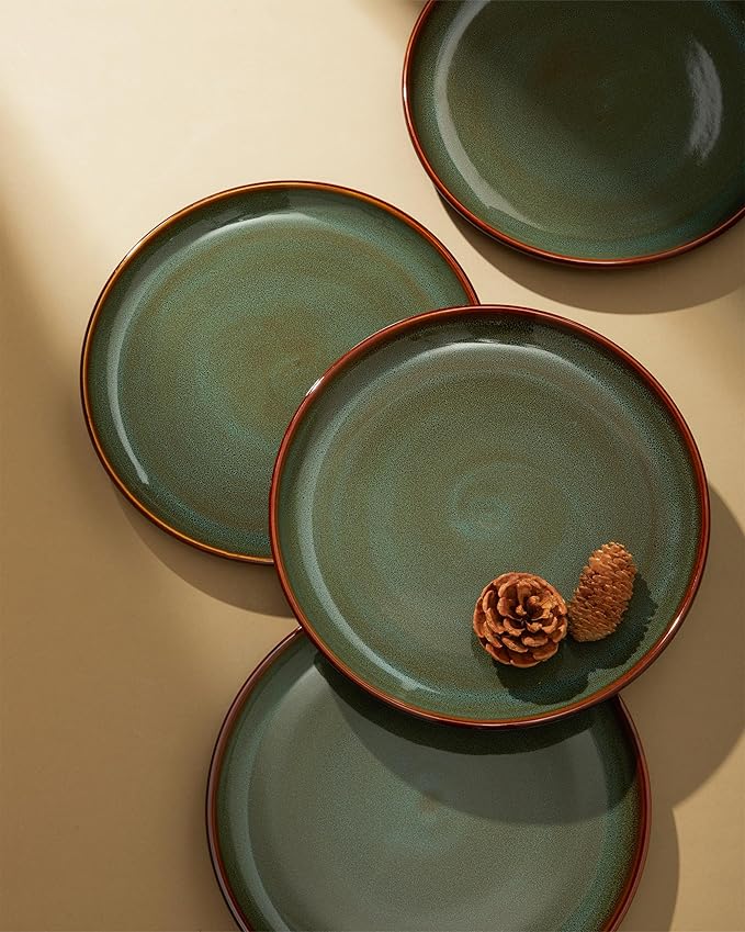 Pokini Stoneware Dessert Pates 8 Inch, Microwave Safe Plates, Reactive Glaze Small Dinner Plate, Scratch Resistant and Dishwasher Safe, Brown Green