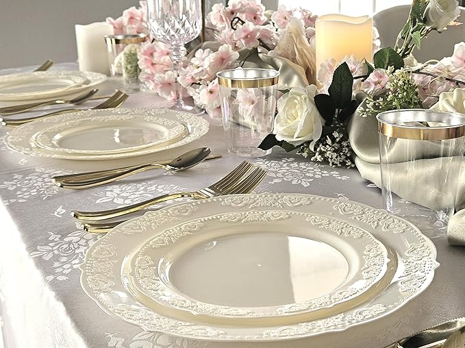 OCCASIONS 240 Pack (120 Guests) Fancy Vintage Disposable Plastic Plates Set, Heavy Duty Wedding Dinnerware Set - 120 x 10.25" Dinner + 120 x 7.5" Salad/Dessert, BPA Free, China-Like (Portofino Ivory)