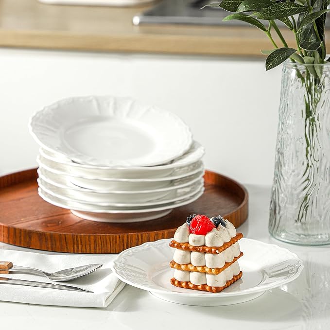 Neaylfe 8 Piece Embossed Ceramic Appetizer & Dessert Plates, 7.5 Inch White Round Salad Plate, Porcelain Dinner Dishes for Dessert, Cake, Snack, Waffles, Dishwasher & Microwave Safe