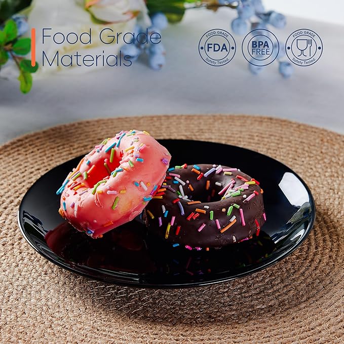 LaGlint 7.5 inch Appetizer Plate Set of 6, Lightweight Opal Glass Round Black Salad Plates for Dessert Kitchen, Dishwasher and Microwave Safe