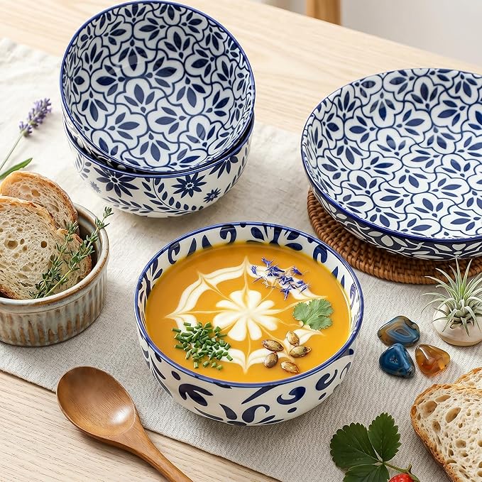 Cereal Bowls, 28 Ounce Ceramic Soup Bowls Set of 6, Bowl Set for Rice Salad Fruit Dessert Oatmeal Snack Ice Cream,Microwave & Dishwasher Safe, Bohemian Blue & White