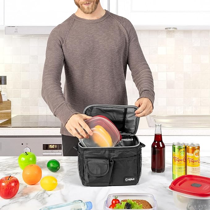 opux Insulated Lunch Bag for Men Women, Leakproof Black Lunch Box for Work, Portable Soft Lunch Cooler Bag with Shoulder Strap, Adult Lunchbox Lunch Pail for Kid Boy Girl School, 14 Can/8L