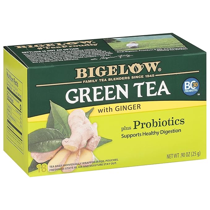 Bigelow Tea Green Tea with Ginger Plus Probiotics, Caffeinated, 18 Count, (Pack of 1), 18 Total Tea Bags