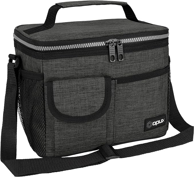opux Insulated Lunch Box for Men Women Kids, Leakproof Reusable Lunch Bag Cooler for Work School Office, Soft Thermal Lunchbox Tote Shoulder Strap for Boys Girls Adults, Heather Charcoal, 14 Can/8L