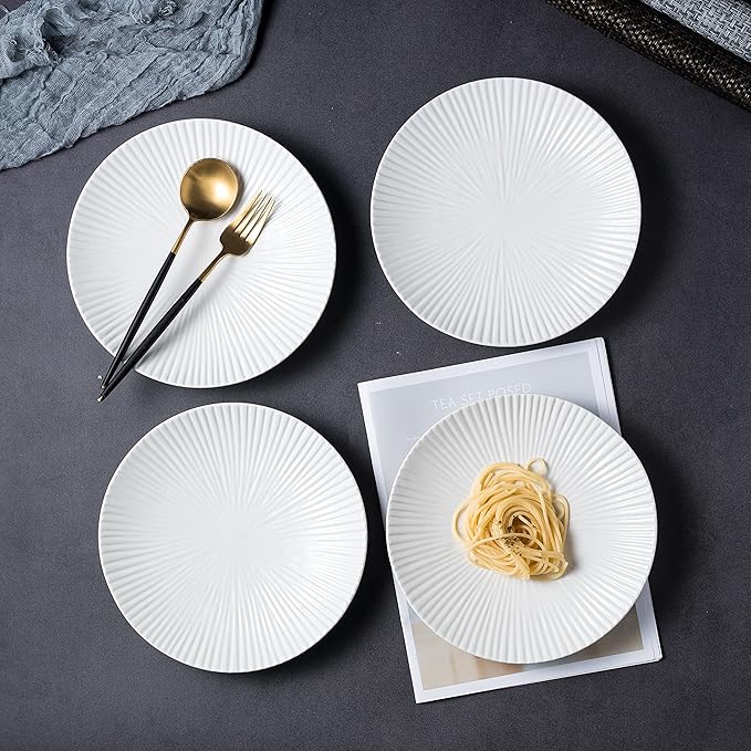 Jusalpha Set of 4-Japanese Style Porcelain Dinner Plates, Versatile Circular Serving Plates for Breakfast, Salad, Steak Dinner, PL018 (8.8 Inches, White)