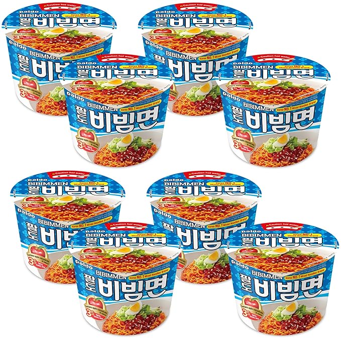 Paldo Fun & Yum Bibim Men Instant Cold Cup Noodles, Pack of 8, Brothless Cold Ramen with Sweet & Spicy Seasoning Sauce, Best Oriental Style Korean Ramyun, Soupless K-Food, 팔도 비빔면 킹컵 115g (4.05 oz) x 8