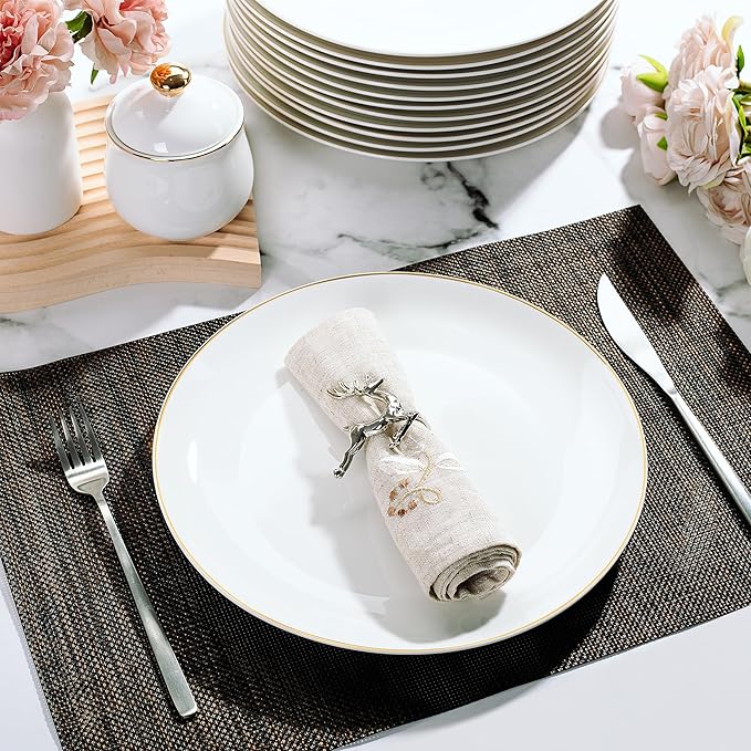 BTaT- White Porcelain Dinner Plates, Set of 12, 10.5" Gold Rimmed, Classic Style, Formal Dining