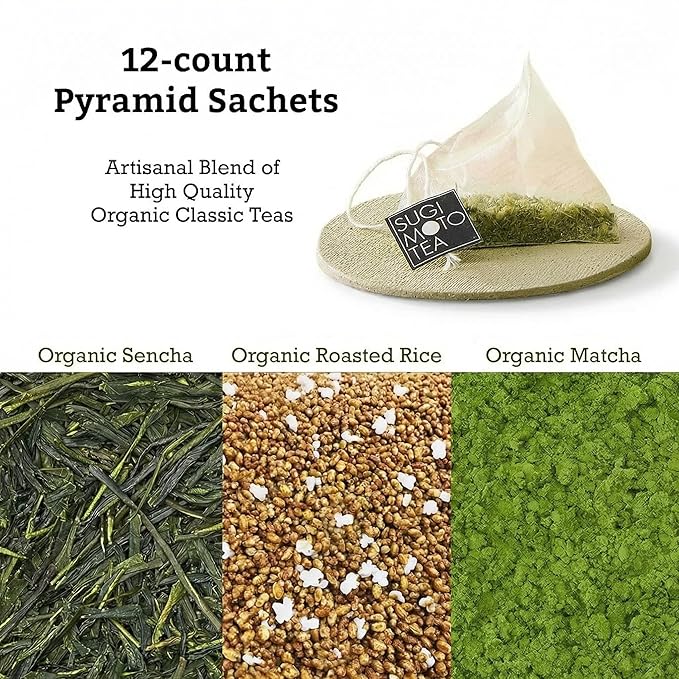 SUGIMOTO TEA Japanese Organic Genmaicha with Matcha Green Tea Bags 12 Count
