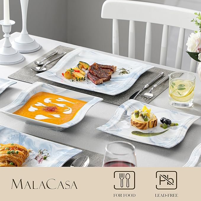 MALACASA Plates and Bowls Sets, 26 Piece Blue Dinnerware Sets for 6, Porcelain Dinner Set with Set, Dishes, Cereal Serving Platters, Kitchen Plate Bowl Series FLORA, 26 Piece(Service for 6)