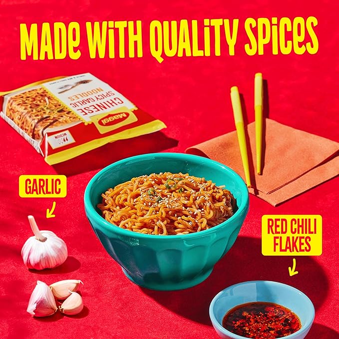 Maggi Chinese Spicy Garlic Noodles, Instant Ramen Noodles, 3 min, Vegetarian, Halal, Kosher, 4-Pack