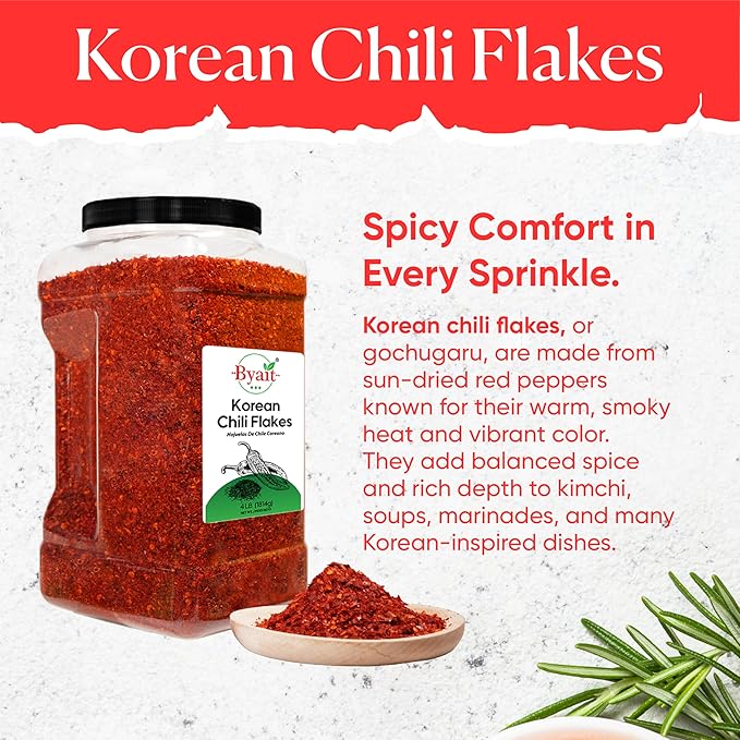 Byait Gochugaru Korean Chili Flakes 64 Oz (4 LB), Medium Hot, 100% Pure Red Chili Pepper Flakes for Authentic Korean Cooking, Kimchi, Chili Oil, and Seasoning