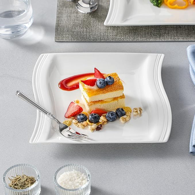 MALACASA Ivory White Dinnerware Set, 12 Pieces - Porcelain Dinner Plates, Dessert Plates and Bowls, Square Flora Pattern