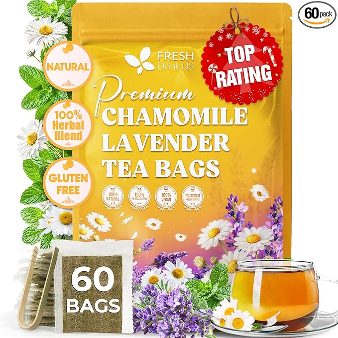 FreshDrinkUS, Premium 60 Chamomile Lavender Tea Bags, Calming Herbal Blend Strong Support for Relaxation & Better Sleep | Naturally Caffeine-Free Bedtime Tea with Soothing Floral Aroma, 100% Natural, Hand-made No Sugar/ Caffeine/ Gluten, Vegan
