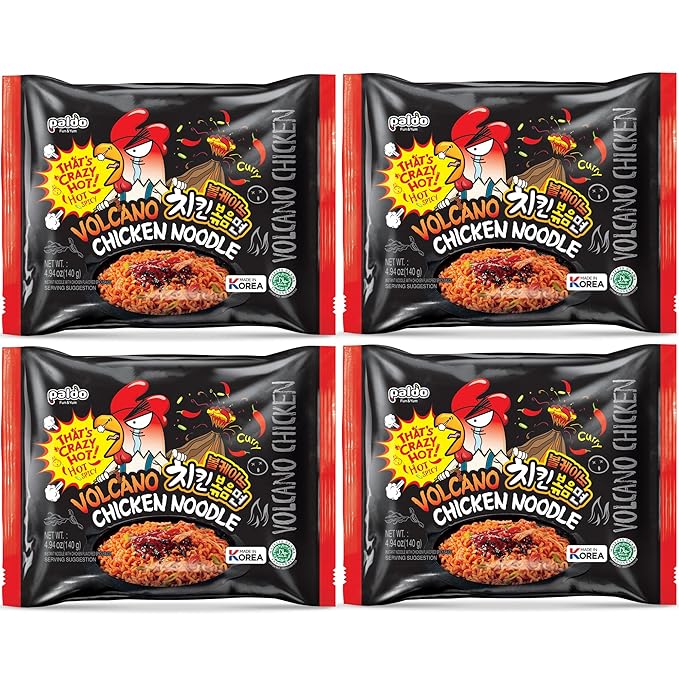 Paldo Fun & Yum Volcano Extremely Hot & Spicy Stir Fried Chicken Instant Noodles, Pack of 4, Soupless Original Korean Ramyun, Spicy Ramen Challenge, Chicken Bokkeummyun, 140g (4.93 oz) x 4