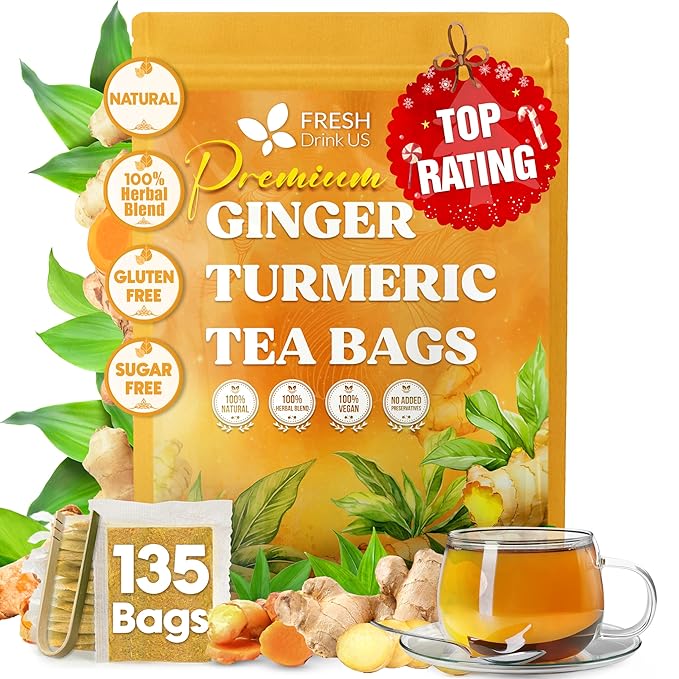 FreshDrinkUS, Premium 135 Ginger Turmeric Tea Bags, 100% Natural Ingredients, Hand-made Blend of Ginger and Turmeric Herbal Tea, Eco-conscious Tea Bags. No Sugar, No Caffeine, No Gluten, Vegan.