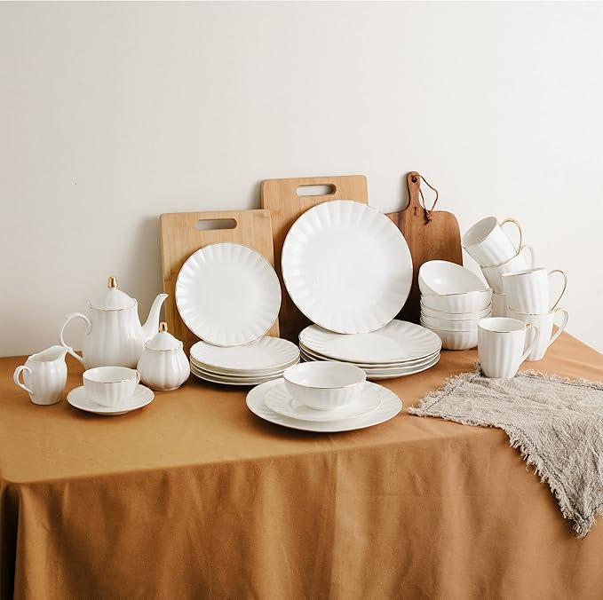 BTaT- Porcelain Dinner Plates with Gold Trim,10.5 inch, Set of 6, White Dinner Plates Bulk, White Plate Set