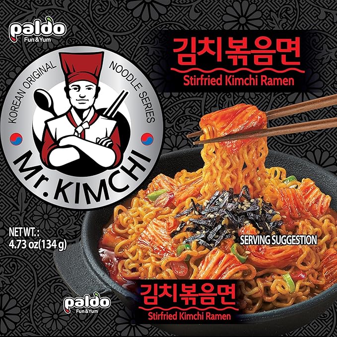 Paldo Fun & Yum Mr. Kimchi Ramen Stir Fried Instant Noodles, Stir-fried Kimchi Flavored, Soupless Original Korean Ramyun, Spicy Ramen Challenge, 미스터 김치 김치볶음면 134g (4.72 oz) x 4 Pack