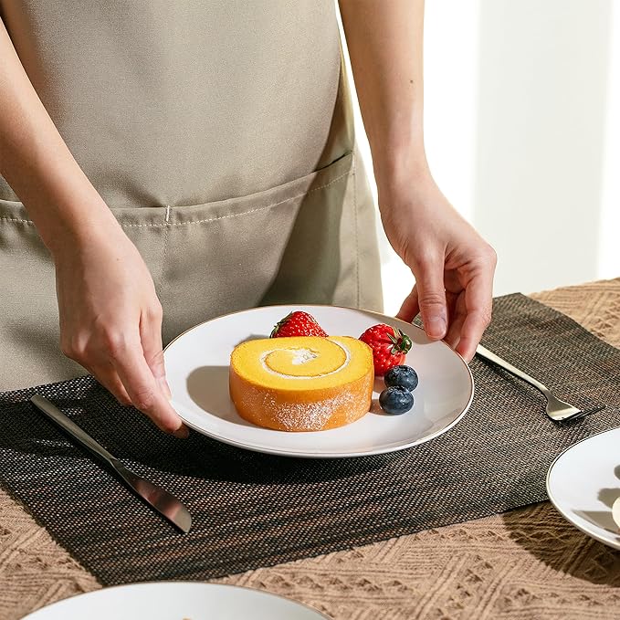 BTaT- White Dessert Plates with Gold Rim, Set of 6, 8" Round, Porcelain, Elegant Style, Dinner Plates