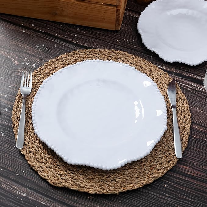 White Beaded Melamine 11 Inch Dinner Plates,Set of 6, Elegant Scalloped Pearl Serving Dishes plate, Unbreakable Dinnerware Dessert/Salad Plates, Dishwasher safe