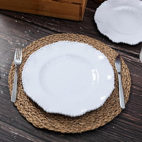 White Beaded Melamine 11 Inch Dinner Plates,Set of 6, Elegant Scalloped Pearl Serving Dishes plate, Unbreakable Dinnerware Dessert/Salad Plates, Dishwasher safe