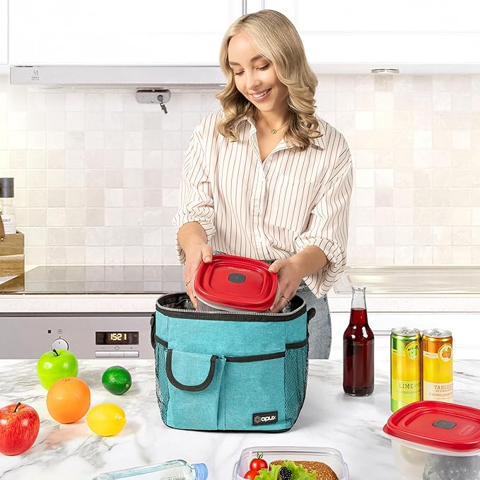 opux Insulated Lunch Box for Men Women Kids, Leakproof Reusable Lunch Bag Cooler for Work School Office, Soft Thermal Lunchbox Tote Shoulder Strap for Boys Girls Adults, Heather Sea Blue, 18 Can/10L