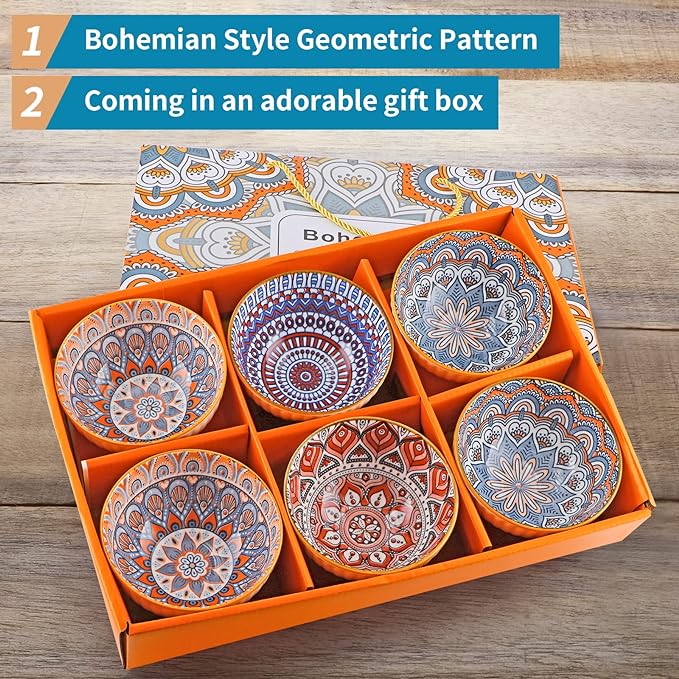 Ceramic Rice Bowls 10 oz, Bohemian Style Bowl Gift Set, Assorted Dinnerware Serving Bowls for Cereal, Soup, Dessert, Snack, Fruit, Salsa, Pack of 6 (Geometric Pattern)