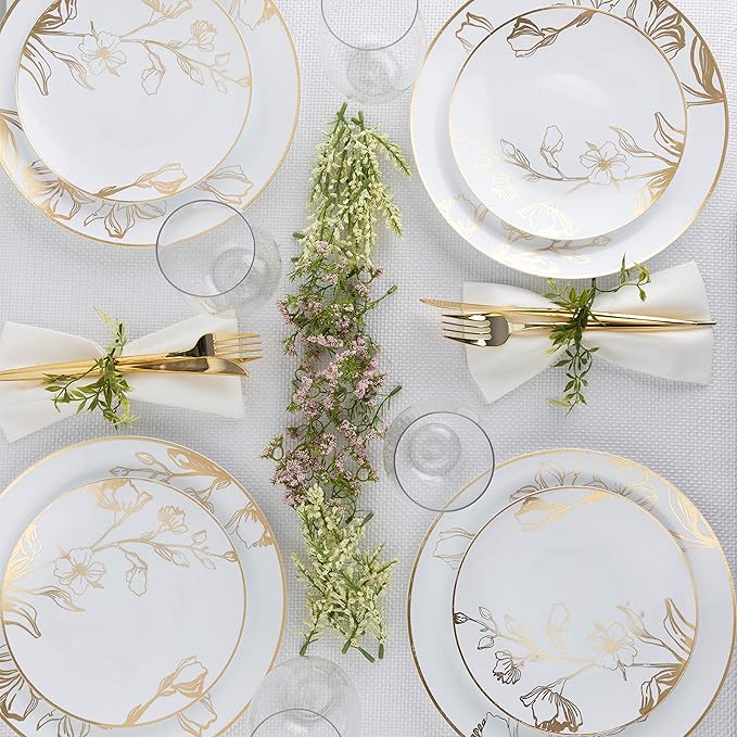 PLASTICPRO 80 Piece Combo Plates Set includes 40-7'' inch Plates & 40-10'' inch Plate White Plastic Floral Design Party Plates With Gold Rim, Premium heavyweight Elegant, Tableware,