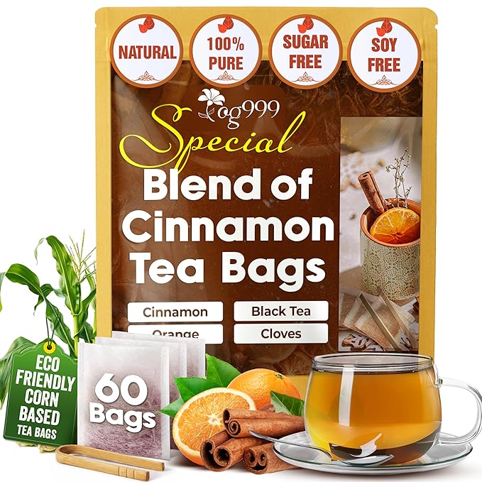 TOG999, 60 Tea Bags – Special Blend of Cinnamon, Black Tea, Orange Peel and Cloves, 100% Natural Ingredients, Hand-made Blend Herbal Tea. Eco-conscious Tea Bags. No Sugar, No Caffeine, No Gluten, Vegan.