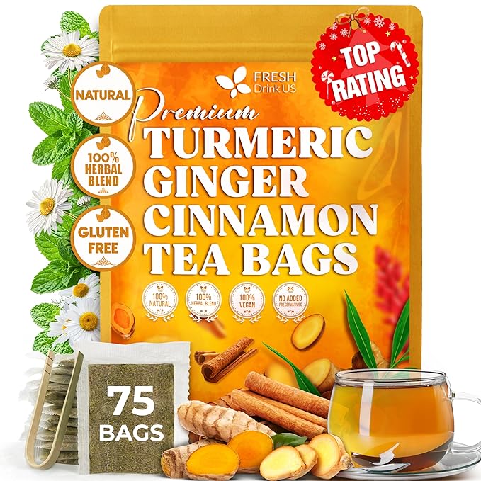 FreshDrinkUS, Premium Turmeric Ginger Cinnamon Tea Bags | 75 Tea Bags | Herbal Spice Tea Blend, Naturally Caffeine Free, Warm & Aromatic Flavor, 100% Natural Ingredients, Convenient Tea Bags