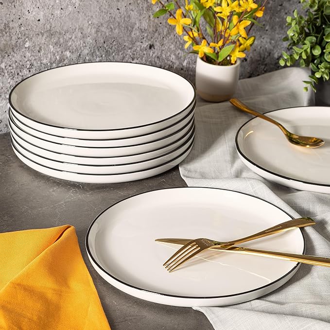 Gibson Home Oslo 8-Piece Porcelain Chip and Scratch Resistant Dinner Plate Set – White with Black Rim, Microwave & Dishwasher Safe