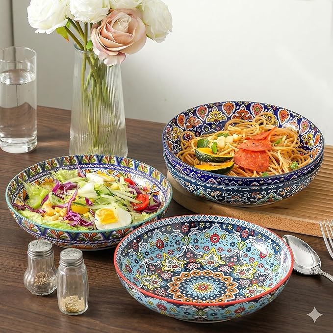 glowworm Pasta Bowls Set of 4, 42 oz Ceramic Salad Bowls for Kitchen, 9.7 Inch Colorful Serving Bowls for Soup, Dinner, Fruit, Dishwasher & Microwave Safe, Bohemian