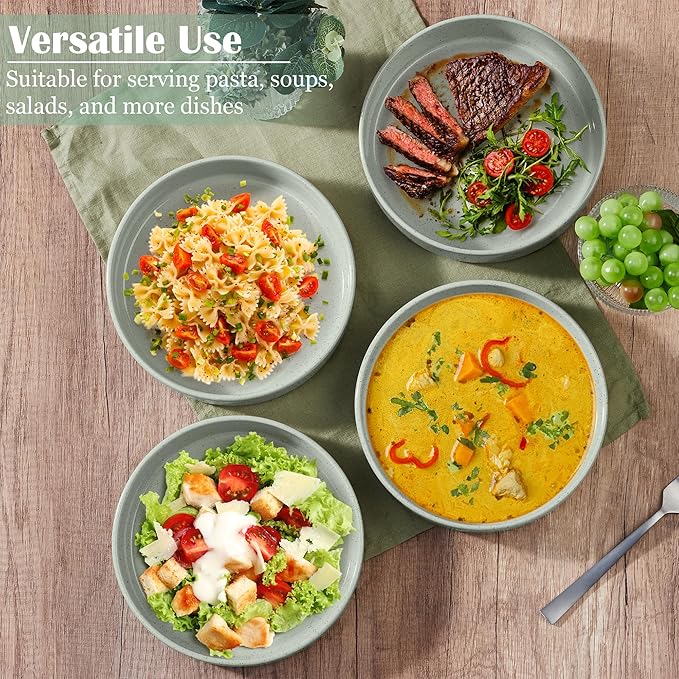 E-far Pasta Bowls Set of 6, 35 oz Large Stoneware Bowl Plates | Shallow & Wide Ceramic Pasta Serving Plates for Salad Dinner Soup | Microwave & Dishwasher Safe, Speckled Green