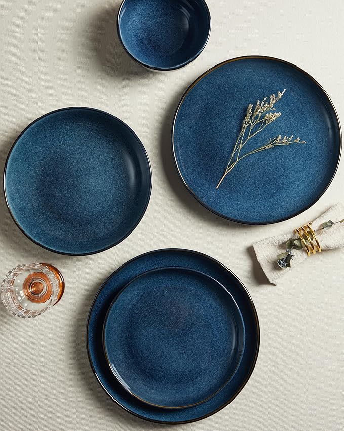 Pokini 24 Piece Double Bowl Dinnerware Sets with Pasta Bowls, Highly Chip and Crack Resistant Plates and Bowls Sets, Natural Earthyware Ceramic Dishware Sets, Service for 6 Starry Blue