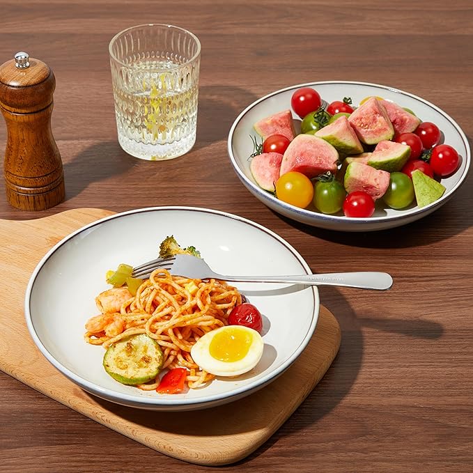 Pokini 16 Piece Double Bowl Dinnerware Sets with Pasta Bowls, Highly Chip and Crack Resistant Plates and Bowls Sets, Natural Earthyware Ceramic Dishware Sets, Service for 4 Moonstone White
