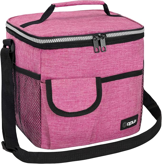 opux Insulated Lunch Box for Men Women Kids, Leakproof Reusable Lunch Bag Cooler for Work School Office, Soft Thermal Lunchbox Tote Shoulder Strap for Boys Girls Adults, Heather Pink, 18 Can/10L