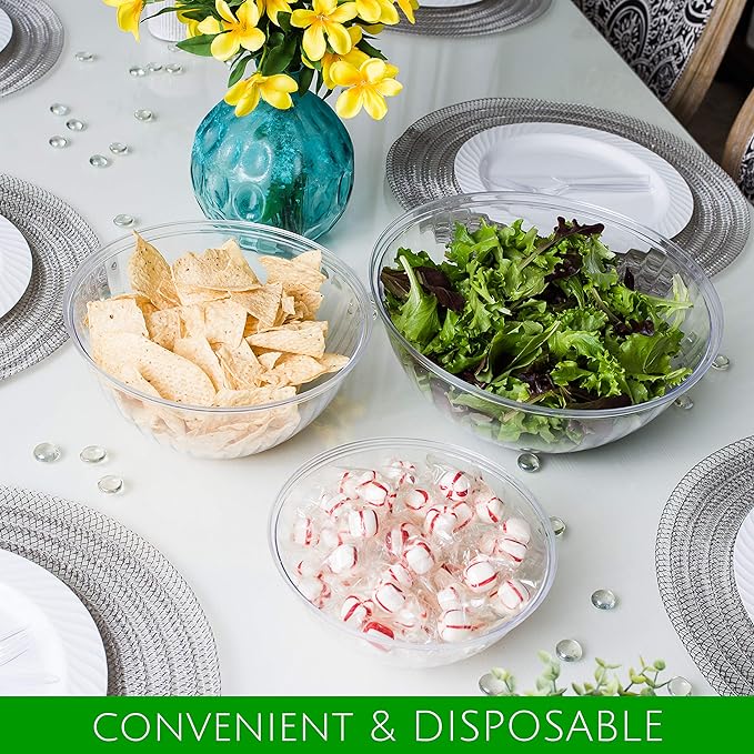 PLASTICPRO Disposable 48 Ounce Round Crystal Clear Plastic Serving Bowls With Lids, Party Snack or Salad Bowl, Chip Bowls, Snack Bowls, Candy Dish, Salad Container Pack of 4