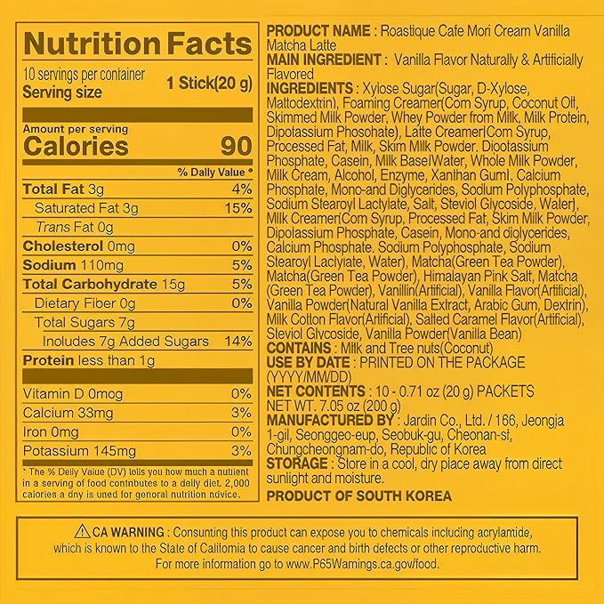 ROASTIQUE Official Café Mori Jeju Matcha Latte, 10 Sticks, 90 Calories, Ceremonial Grade Green Tea Powder Sweetened Café Quality Drink Mix, Cream Vanilla, 7 oz