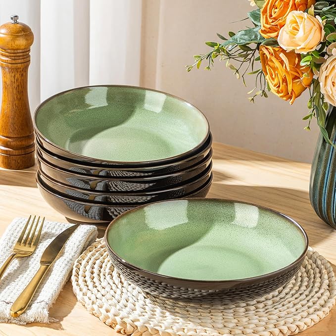 LERATIO Large Pasta Bowls,38oz Ceramic Pasta Bowls,9.0" Reactive Glaze Pasta Bowl Set of 6,Microwave & Dishwasher,Oven Safe,Wide Serving Bowls for Salad,Pasta,Fruit,Scratch Resistant-Light Blue