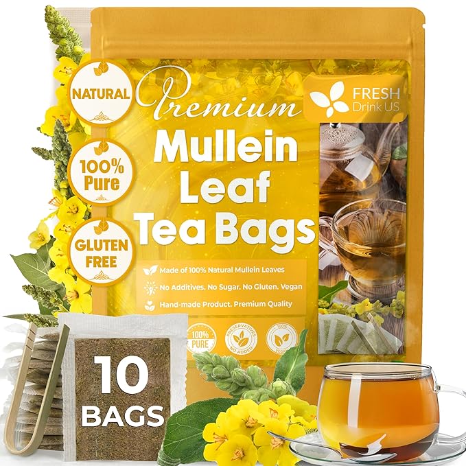 FreshDrinkUS, Premium 10 Mullein Leaf Tea Bags for Lungs, 100% Natural & Pure Mullein Leaves. Mullein Herbal Tea. Made with Natural Material Tea Bags. No Sugar, No Caffeine, No Gluten, Vegan.