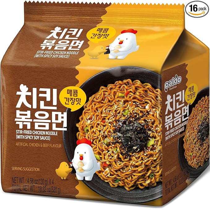 Paldo Fun & Yum Stir-Fried Chicken Instant Noodles, Brothless Ramen with Spicy Soy Seasoning Sauce, Best Oriental Style Korean Ramyun Noodle, Soupless K-Food, 매콤 치킨 볶음면, Family Pack (130g x 16)