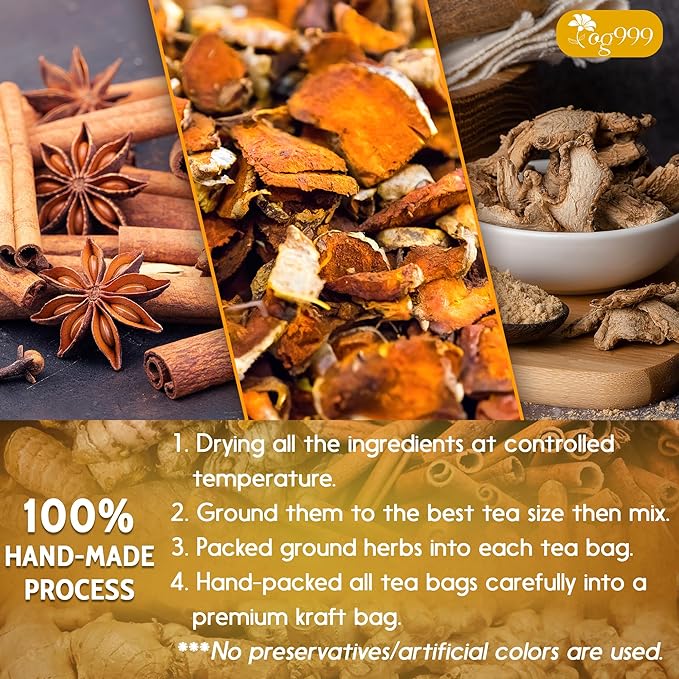 TOG999, 60 Bags Premium Turmeric Ginger Cinnamon Tea, Improve Digestion, Support Brain, Weight, Skin and Sleep, Eco-Conscious Tea Bags and Premium Natural Ingredients. Turmeric Ginger Herbal Tea. No Sugar, No Caffeine, No Gluten, Vegan.