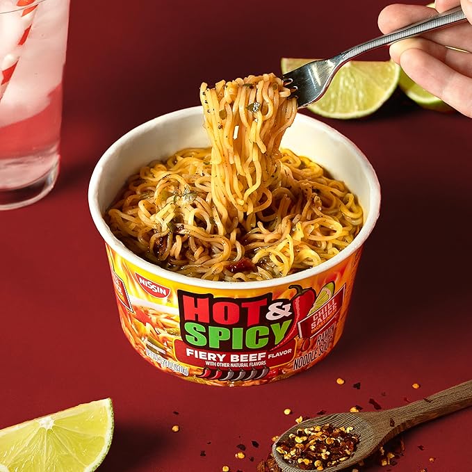 Nissin Hot & Spicy Ramen Noodle Soup, Fiery Beef, 3.28 Ounce (Pack of 6)