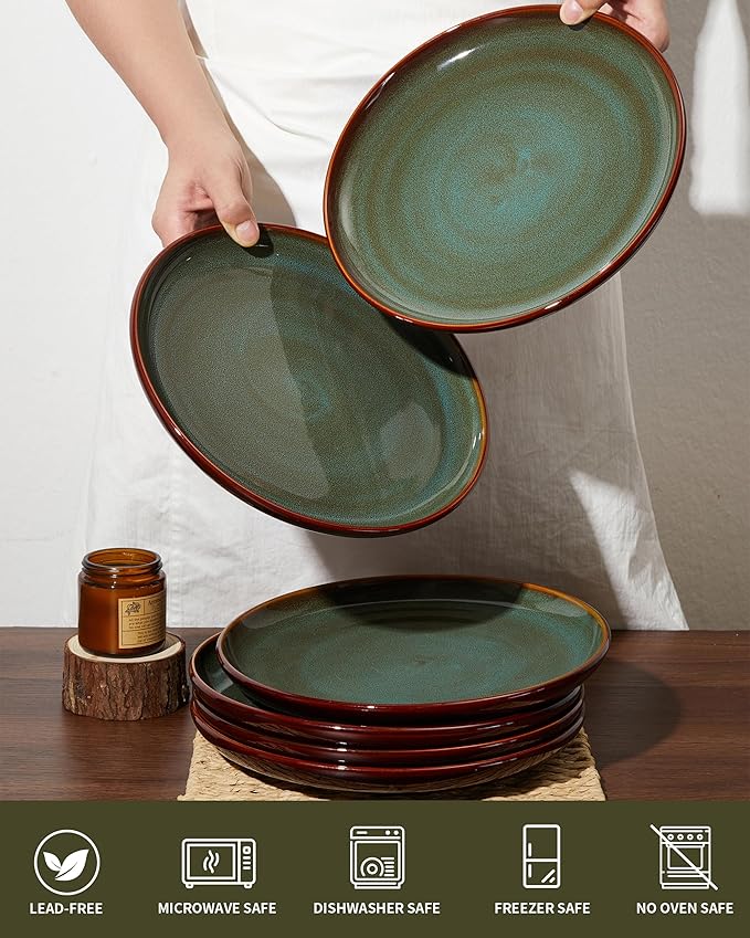 Pokini Stoneware Dinner Plates Set of 6, Ceramic Plates With Lipped Edges, Microwave/Dishwasher Safe, Modern Rustic Dinnerware, Kitchen Reactive Glaze Serving Dishes, Brown Green