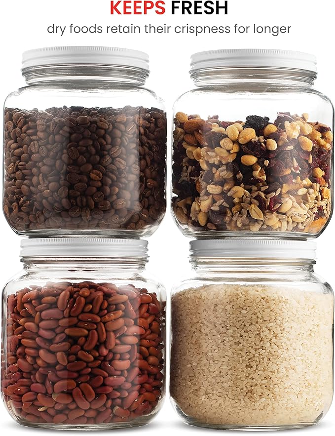Paksh Novelty Wide Mouth Glass Mason Jar 64 Oz - 4 Pack - Wide Mouth, Airtight Lid, USDA Approved BPA-Free Dishwasher Safe Canning Jar for Fermenting, Sun Tea, Kombucha, Dry Food Storage, Clear