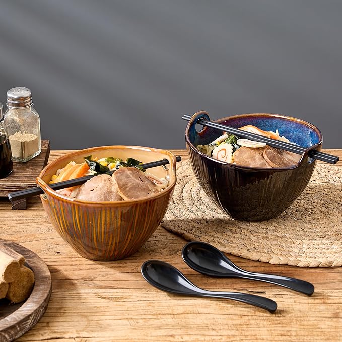Ramen Bowl with Chopsticks and Spoons Set, 7 Inch Ceramic Noodle Bowl Set of 2, Dishwasher Safe for Pho Udon Soba Noodle Salad Pasta, Special Reactive Blue Bowls Set, Midnight Tide