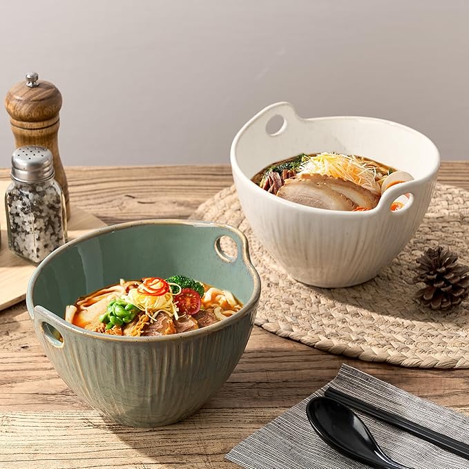 Ramen Bowl with Chopsticks and Spoons Set, 7 Inch Ceramic Noodle Bowl Set of 2, Dishwasher Safe for Pho Udon Soba Noodle Salad Pasta, Special Glazed Aged Ivory Speckle Bowls Set