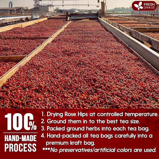 FreshDrinkUS, Premium 75 Rosehip Tea Bags, 100% Natural & Pure from Rose Hip Fruits. Loose Rosehip Herbal Tea. Made with Natural Material Tea Bags. No Sugar, No Caffeine, No Gluten, Vegan.