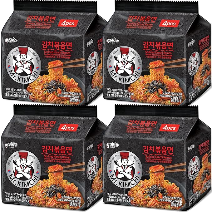 Paldo Fun & Yum Mr. Kimchi Ramen Stir Fried Instant Noodles, Stir-fried Kimchi Flavored, Soupless Original Korean Ramyun, Spicy Ramen Challenge, 미스터 김치 김치볶음면 Family Pack 134g (4.72 oz) x 16